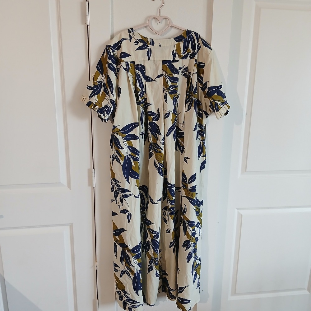 Mamo Howell Hawaii Muumuu Dress 2XL Cream Navy Olive Leaf Print Ruffle Sleeve